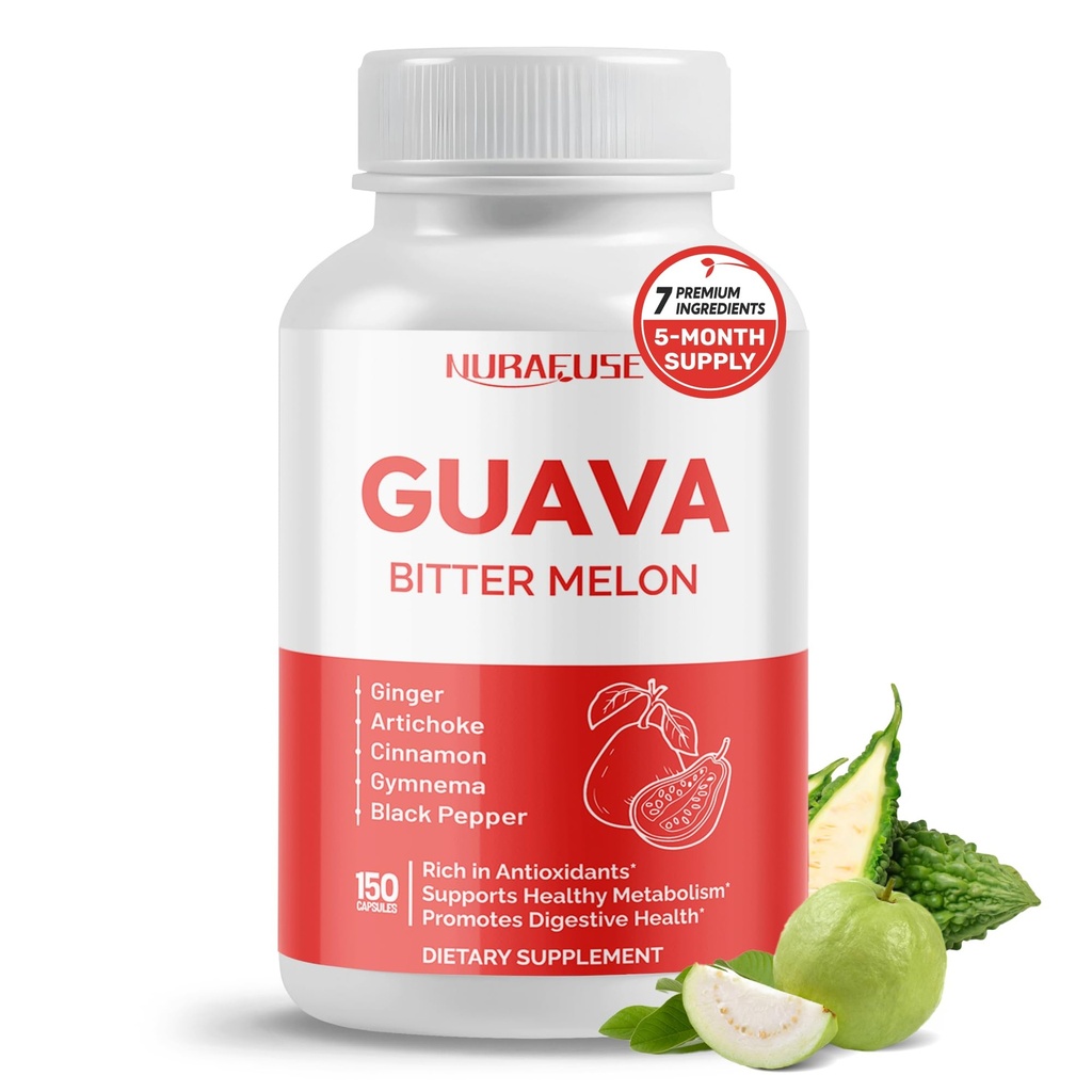 Guava Extract & Bitter Melon – Rich in Antioxidants, Supports Healthy Metabolism & Digestive Health – with Ginger, Artichoke, Cinnamon, Gymnema & Black Pepper – 150 Capsules