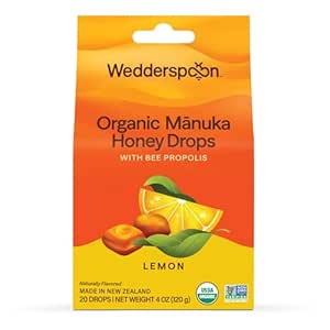 Wedderspoon Organic Manuka Honey Drops, Lemon & Bee Propolis, 20 Count (Pack of 1) 