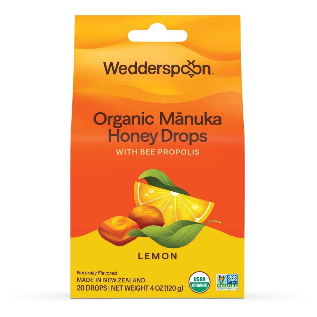 Wedderspoon Organic Manuka Honey Drops, Lemon & Bee Propolis, 20 Count (Pack of 1) 