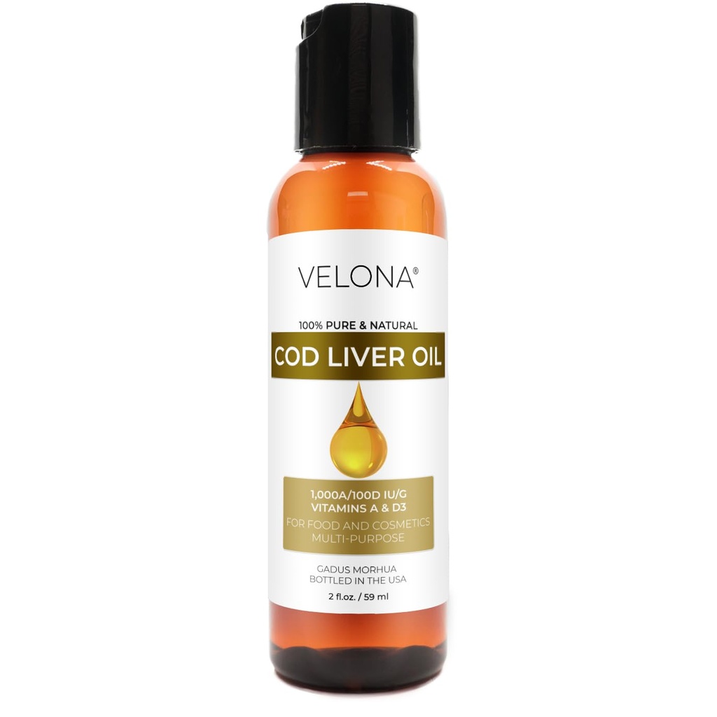 velona Cod Liver Oil - 2 Fl Oz | 1,000A/100D IU/g Omega 3 Vitamins A & D3 | Norwegian Arctic Sustainably Sourced Nordic Oil | Hair, Body and Skin Care | Use Today - Enjoy Results