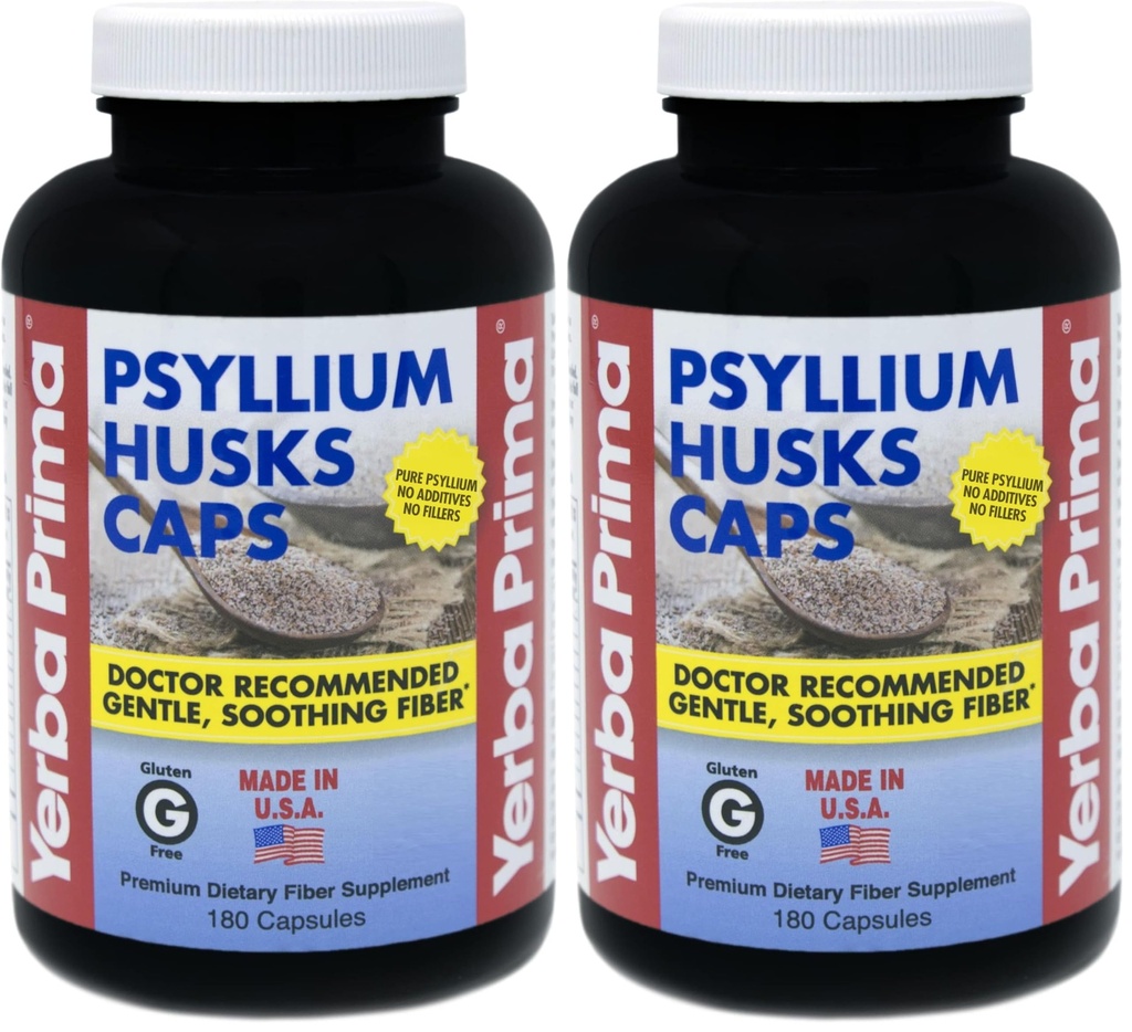 Yerba Prima Psyllium Husks Caps Dietary Fiber 625 mg, 180 Capsules - Colon Cleansing Supplement - Gut Health - Non-GMO Gluten Free (Pack of 2)