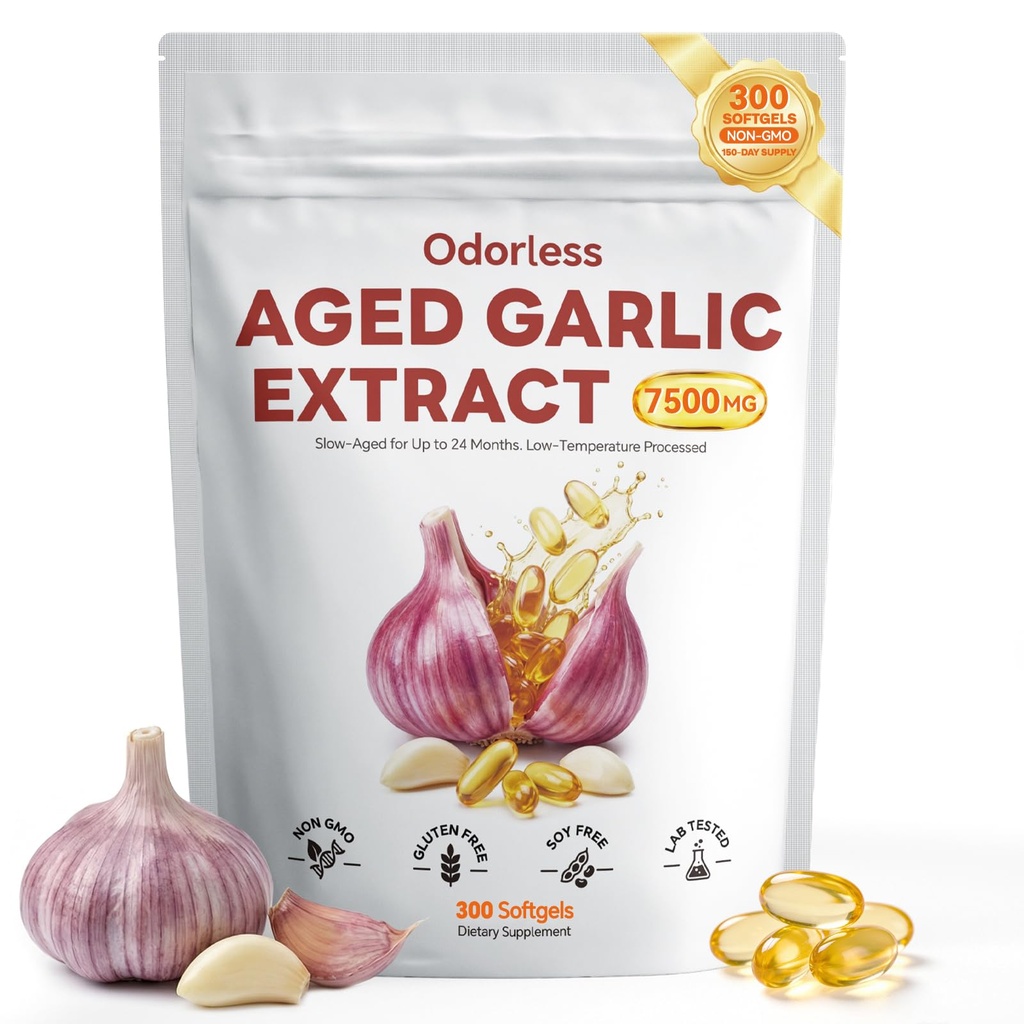 Aged Garlic Extract Softgels - 300 Count Odorless Organic Garlic Extract, 15:1 Extract Formula, Heart & Immune Support, Non-GMO Softgels, 2-Year Matured, Gluten-Free