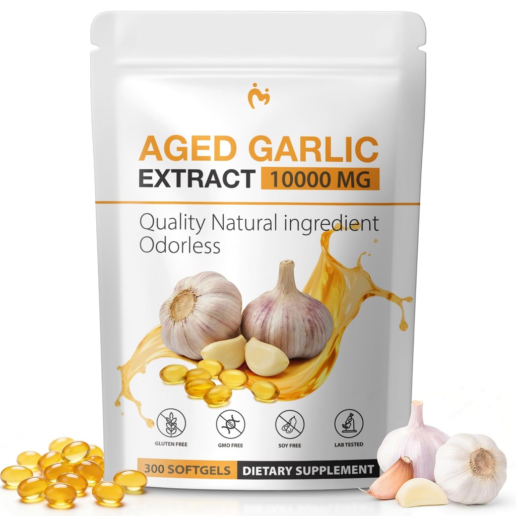 MOSRAY Aged Garlic Extract Capsules - 10,000mg High Potency Odorless Garlic Supplements for Heart & Immune Support, Antioxidant - 2 Years Matured Garlic Capsules Non-GMO, Gluten-Free, 300 Softgels