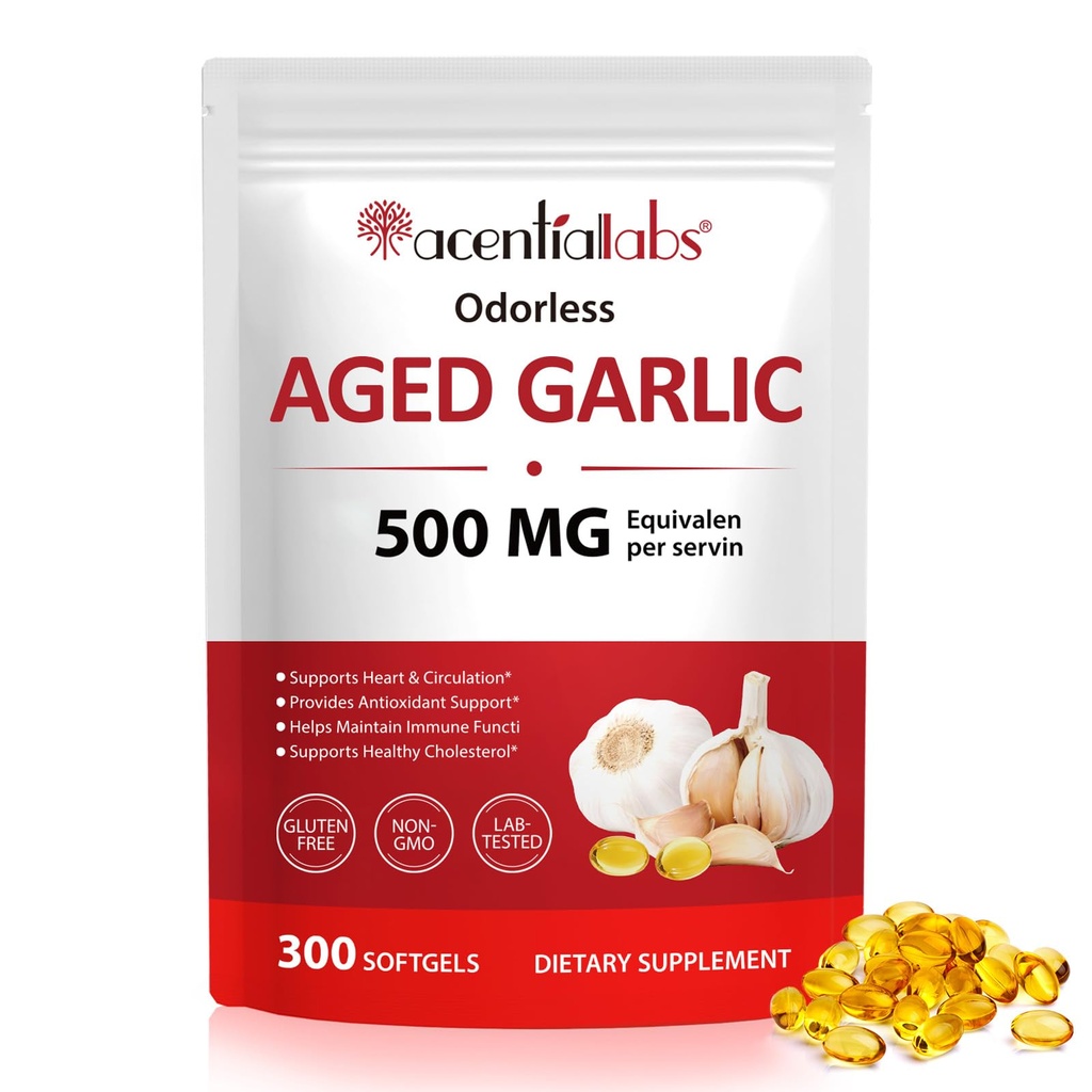 Odorless Aged Garlic Supplement – 500mg per Serving, 300 Softgels – Non-GMO, Vegetarian