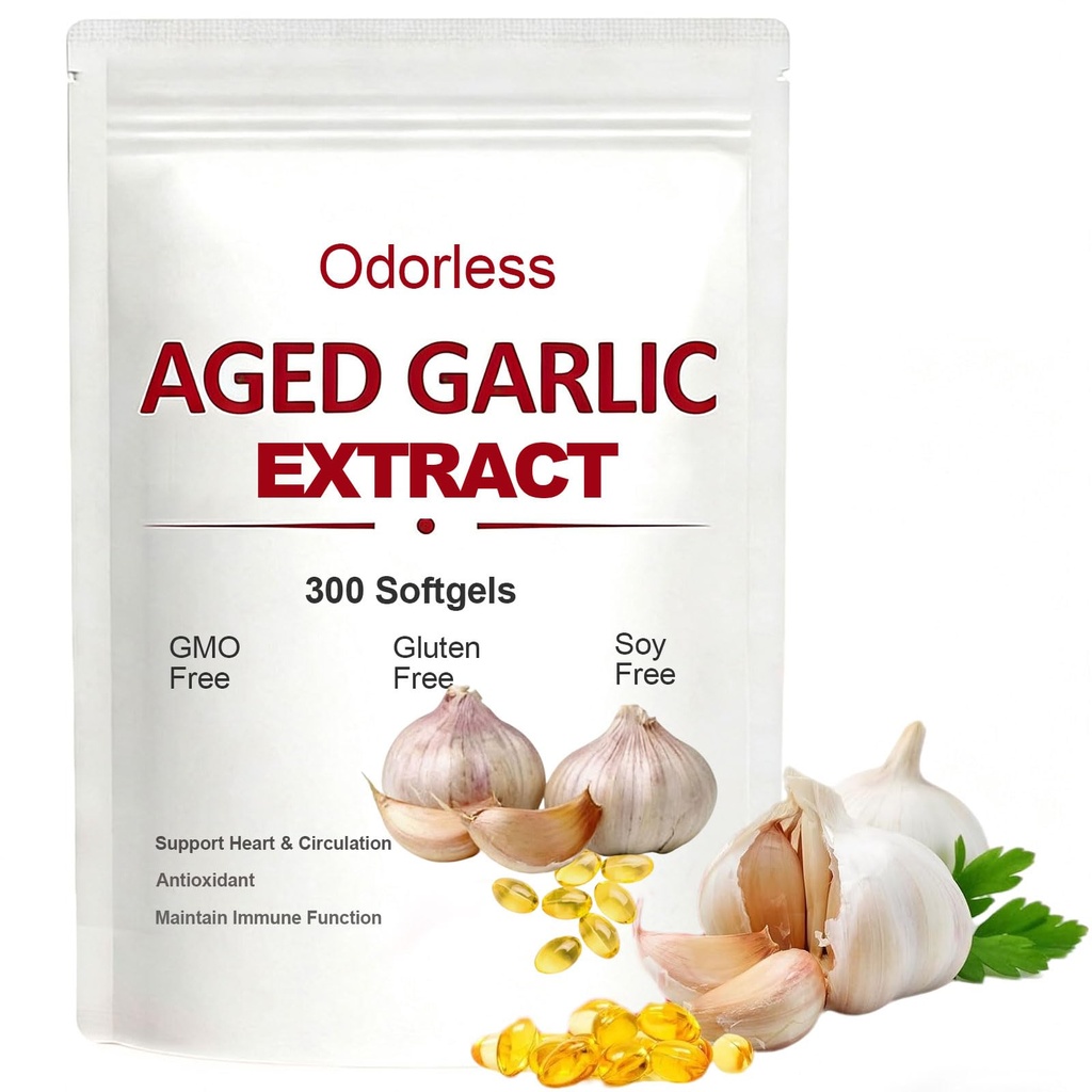 Aged Garlic Extract-Odorless, 15:1 Extract & 2-Year Low-Temp Aging for Heart, Circulation Health, Immune System Support, Rich in Antioxidant, High-Potency, Gentle & Natural|300Pcs