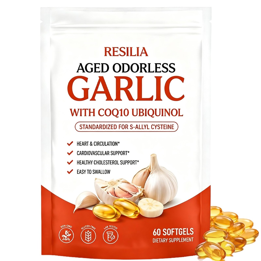 Resilia Aged Garlic Extract, Odorless Aged Garlic Extract Supplement with CoQ10 Ubiquinol, Heart Health & Immune Support - Non-GMO, Gluten Free, 60 Softgels