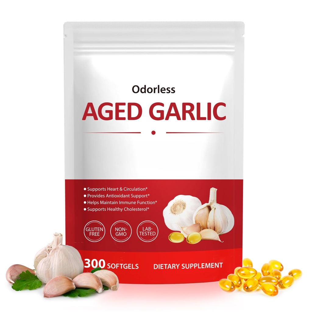 Aged Garlic Extract Capsules, 300 Softgels Odorless Garlic Supplement for Daily Wellness & Immune Support, Non-GMO