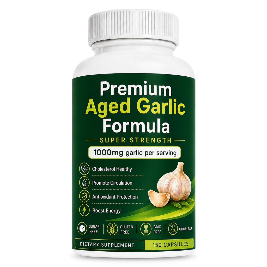 Premium Aged Black Garlic Capsules, Odorless Garlic Supplement 1000mg Per Serving with SAC, Heart & Circulation Support, Antioxidant Wellness Formula for Adults, 150 Capsules