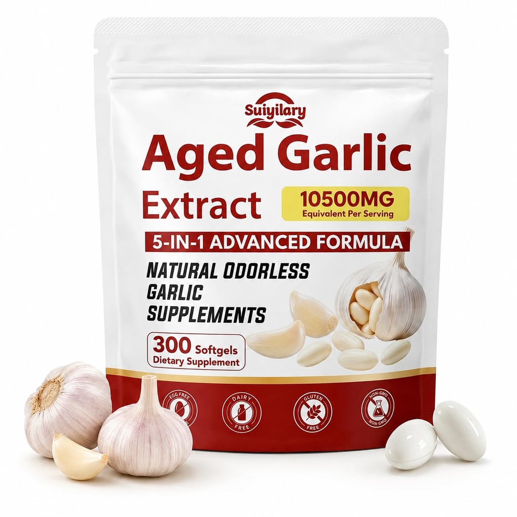 Suiyilary Aged Garlic Extract, Odorless Garlic Supplements Capsules for Heart Health, Immune Support, Antioxidant Wellness, 2-Year Matured, 300 Softgels