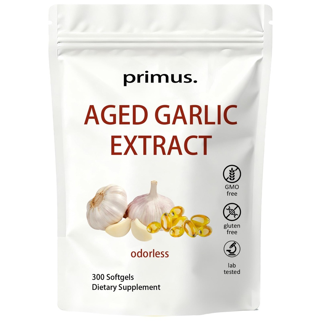 Primus Aged Garlic 24 Month Aged - Count Odorless Garlic Supplement, for Antioxidant & Heart Support, Non-GMO, 300 Softgels