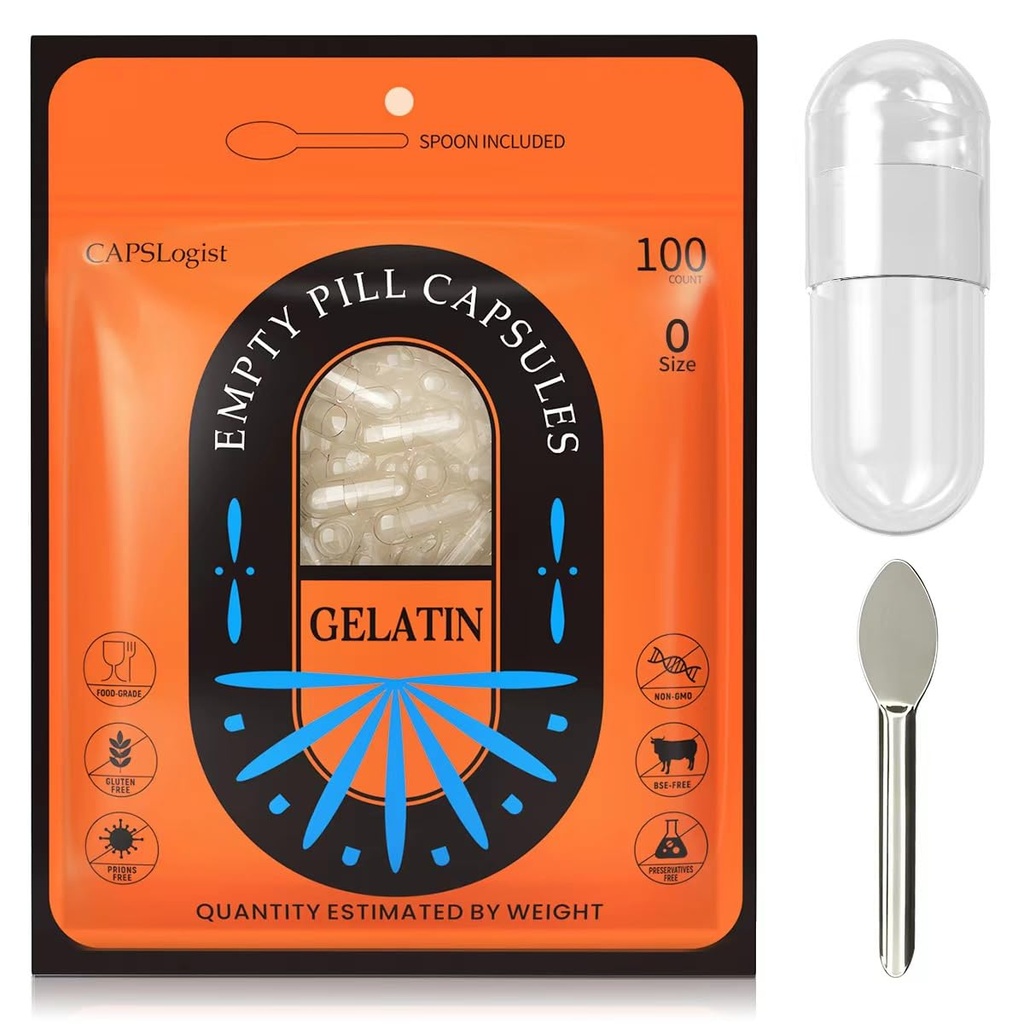 Empty Pill Capsules Size 0, 100 Count, Gelatin Empty Gel Pill Capsules, DIY Pill Capsule Filling, Empty Caps, Kosher, Gluten Free and Non-GMO Certified, Clear