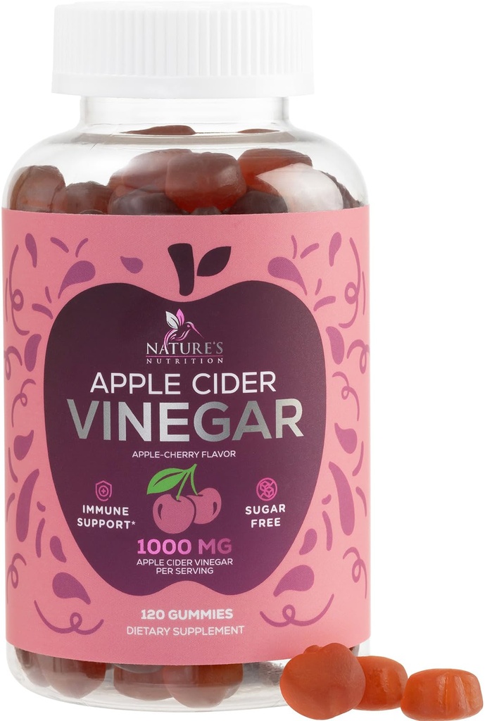 Vegan Apple Cider Vinegar Gummy 1000mg - Χωρίς ζάχαρη ACV Gummies Βιταμίνες συμπλήρωμα με βιταμίνη Β12 για την ενέργεια - Keto Friendly Digetion, Detox, Cleanse Υποστήριξη - Ζελατίνη-ελεύθερο, μη GMO - 120 Gummies