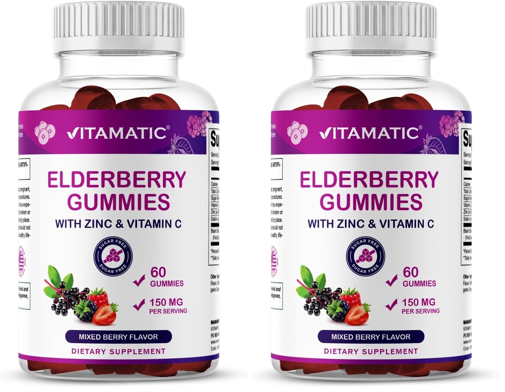 Vitamatic Elderberry Gummies with Vitamin C & Zinc – Immune Support Supplement – Mixed Berry Flavor– 60 Gummies – Made in The USA, Vegan, Non-GMO, Gluten-Free (Pack of 2)