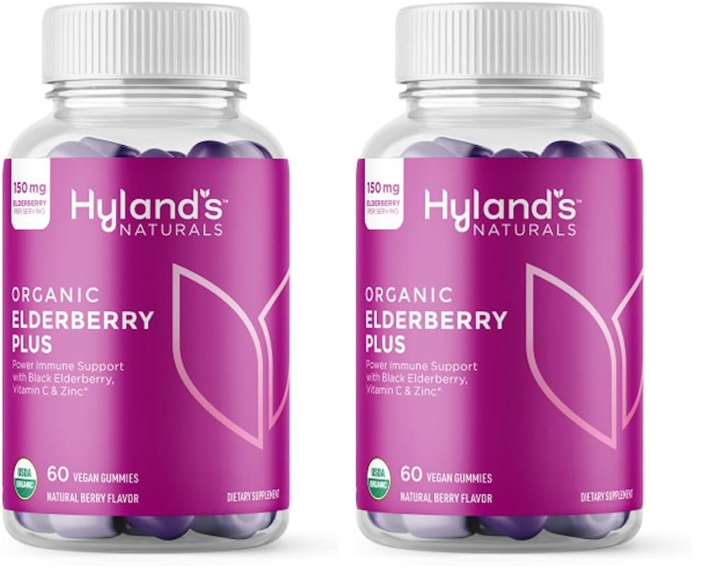 Hyland's Organic Elderberry Plus Gummies, Organic Black Elderberry with ZINC and Vitamin C, Immune Support Supplement for Adults, 60 Vegan Gummies (30 Days) (Pack of 2)