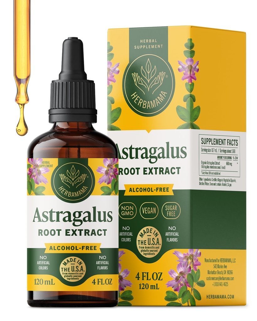HERBAMAMA Astragalus Root Tincture - Vegan Immune Support with Astragalus Extract Drops - Non-GMO, Alcohol & Sugar-Free Liquid Supplement, 56-Day Supply
