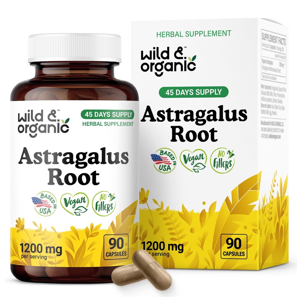 Wild & Organic Astragalus Capsules 1200 mg - Immune Support - Astragalus Root Powder Supplement - 45 Days of Supply - Vegan, No Fillers, Non-GMO - 90 Count