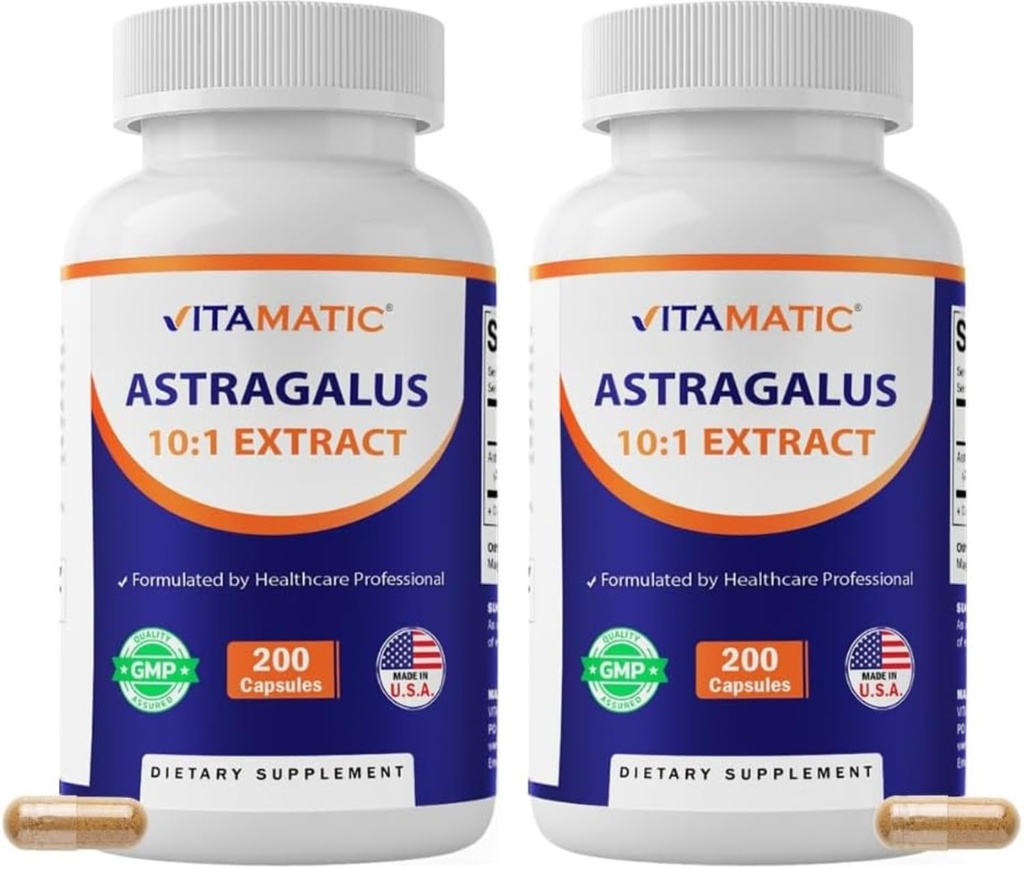 Vitamatic Astragalus – 10:1 Plant-Based Botanical Extract Capsules – Vegetarian, Non-GMO, Gluten-Free – Concentrated Herbal Supplement – 200 Count - 2 Pack (400 Count)