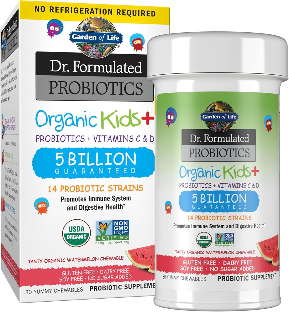 Garden of Life Dr. Formulated Probiotics Organic Kids+ plus Vitamin C & D - Καρπούζι - Γλουτένη, Γαλακτοκομικά & χωρίς σόγια Συμπλήρωμα Ανοσοποιητικής & Πεπειστικής Υγείας, Χωρίς Προστιθέμενη Ζάχαρη, 30 Μασώμενα (Self Stable)