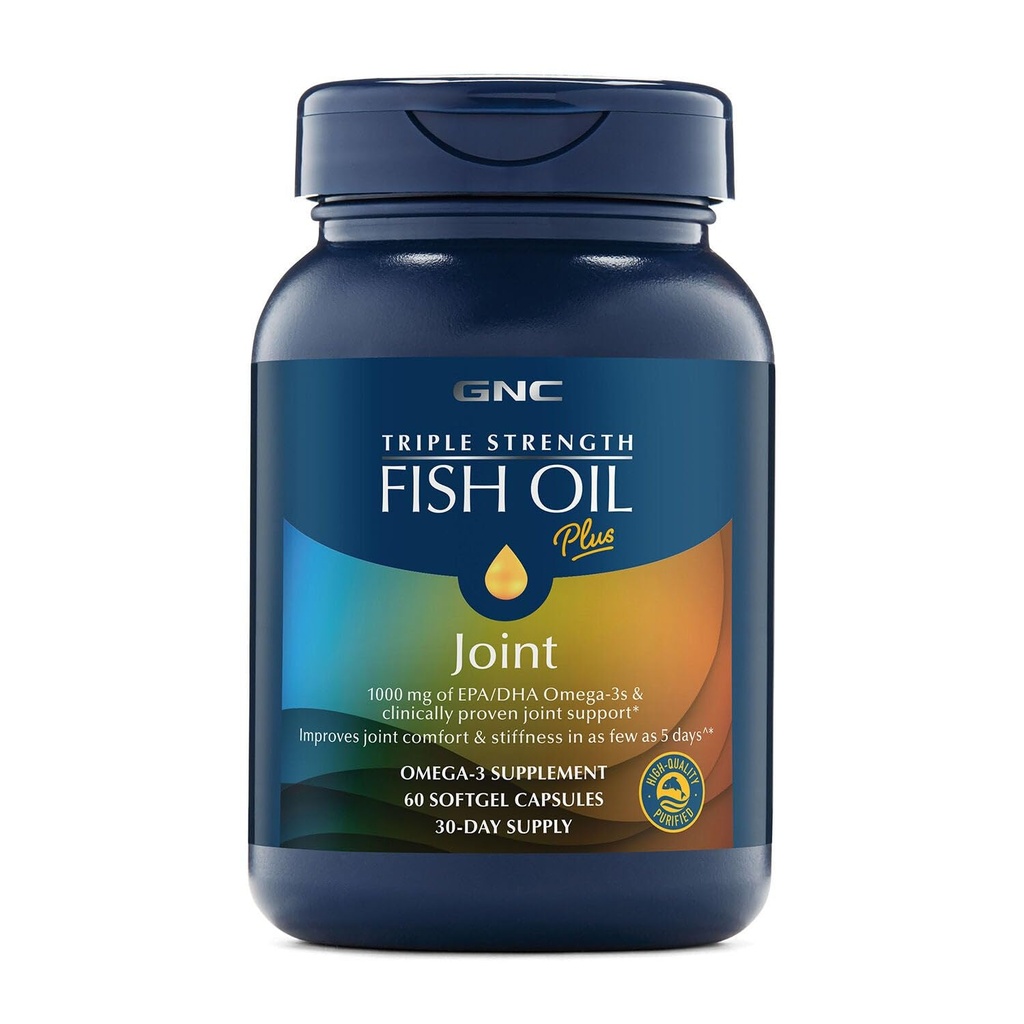 GNC Triple Strength Fish Oil Plus Joint Omega 3, 1000mg EPA και DHA, Heart Health, Plus Fast 5 Day Comfort, Brain, Skin, and Eye, Antioxidants and Botanical Extracts, Control Fish Burps, 30 Services