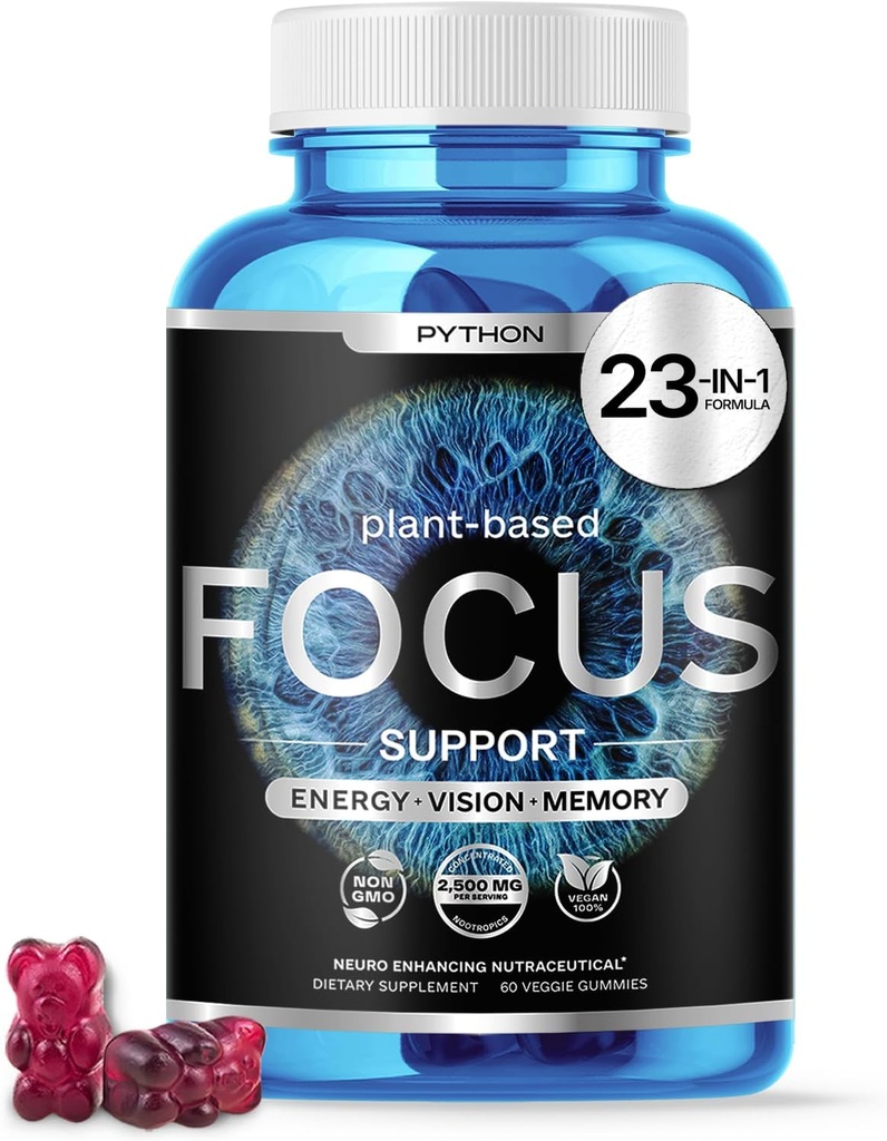 Python Focus - Nootropic Brain Supplement - Boost Memory, Concentration & Cognitive Function - 60 Vegan Chews with Lions Mane, Lutein & AREDS 2 Vitamins