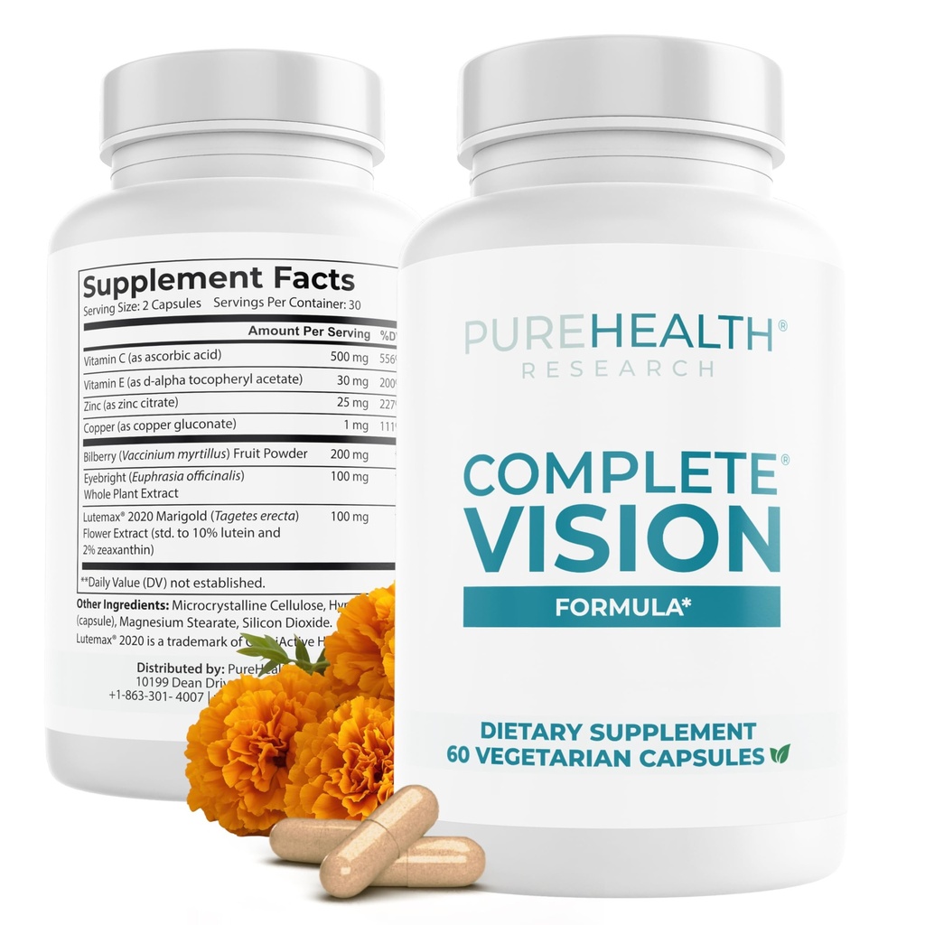PUREHEALTH RESEARCH Complete Vision Formula - Eye Vitamins & Mineral Supplement - Lutein and Zeaxanthin Supplements for Men & Women - with Eyebright Herb, Zinc, Copper, Bilberry & More - 60 Capsules