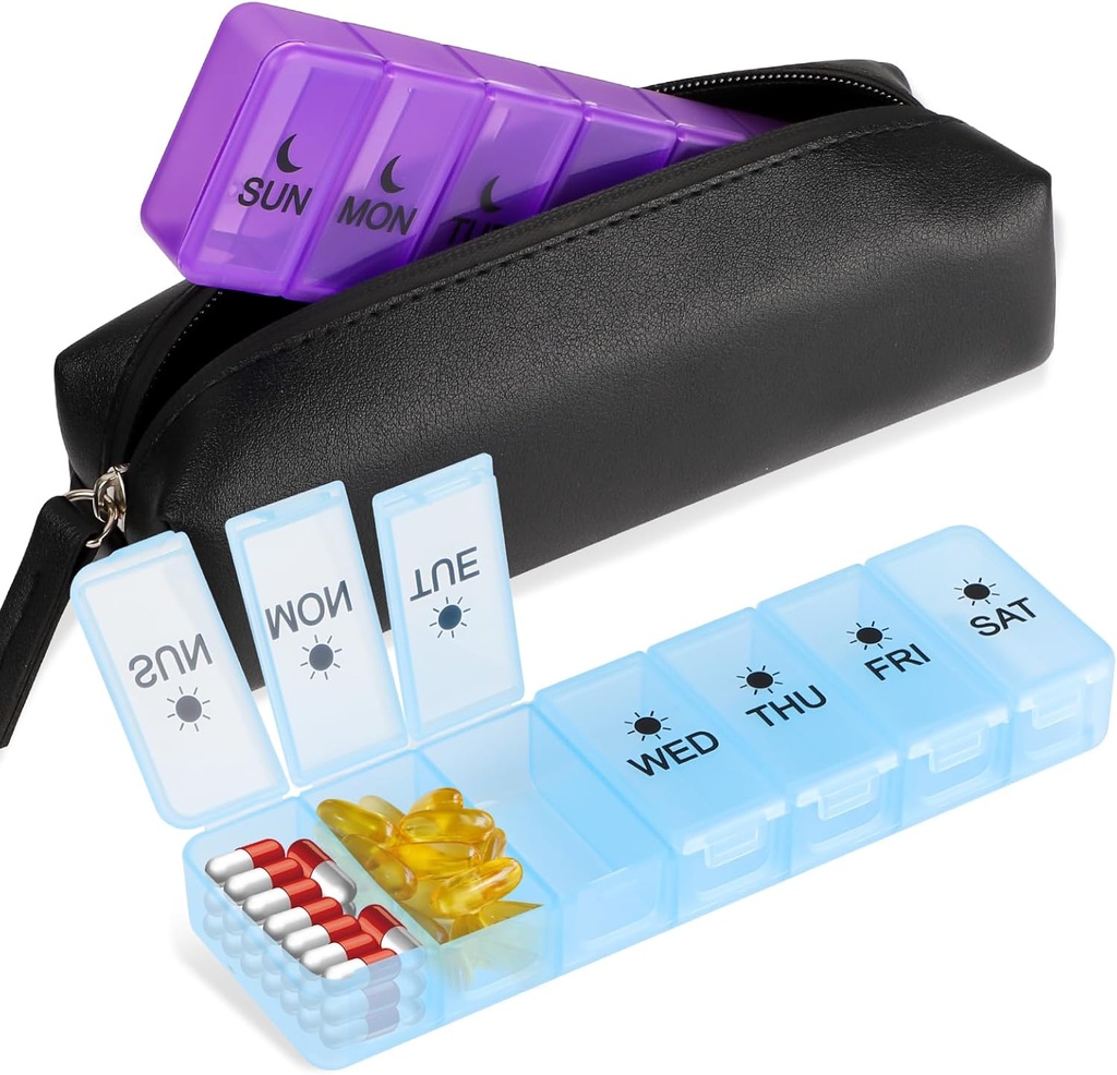 Αποσπώμενο κουτί 7 ημερών Χάπια, 14 διαμερίσματα ιατρική κουτί αποθήκευσης PP, BPA-δωρεάν ταξιδιωτική ιατρική κουτί με αδιάβροχη τσάντα, δύο φορές την ημέρα κουτί χαπιών για συμπληρώματα βιταμίνης, και ιχθυέλαιο