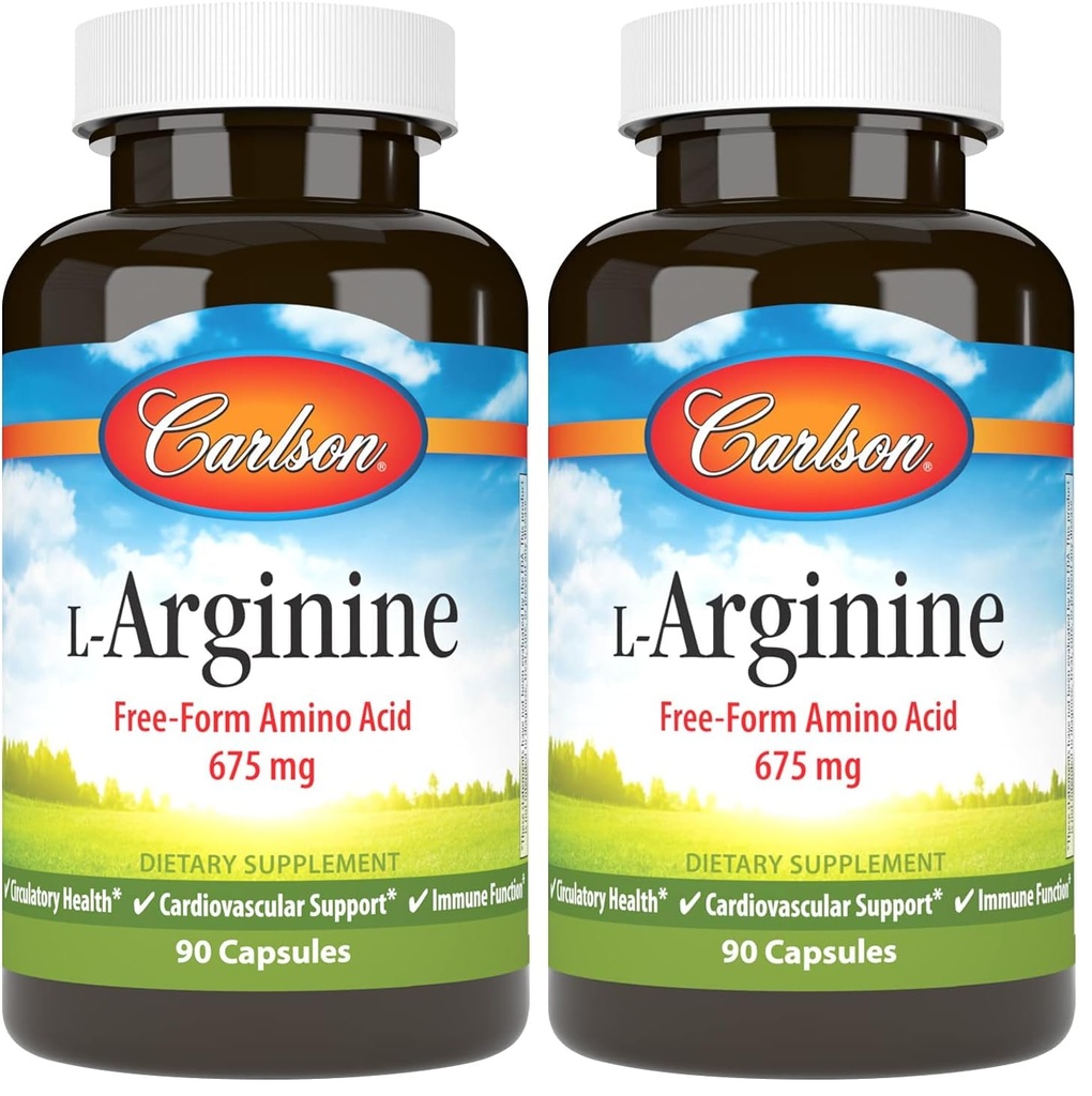 Carlson - L-Arginine, 675 mg, Promotes Healthy Circulatory & Cardiovascular System, 90 Capsules (Pack of 2)