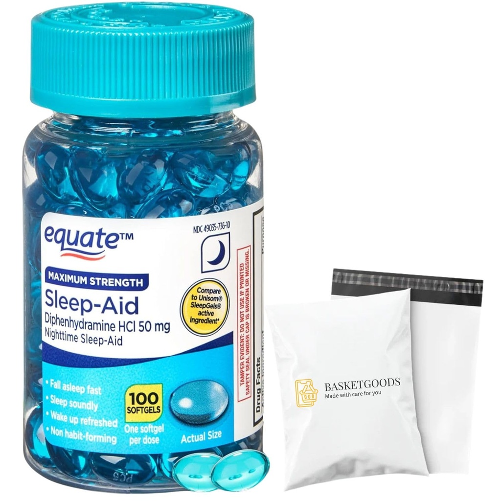 Diphenhydramine 50mg- Equate softgels Maximum Strength HCl 100ct (Pack of 1), Set by Basket Goods