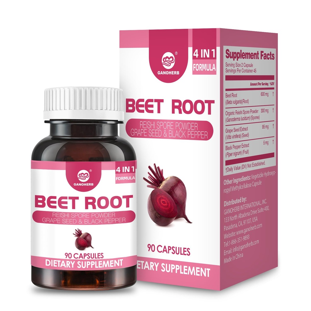 Beet Root Capsules with Grape Seed Extract, Reishi Mushroom, Black Pepper, Beet Root Supplement 4 in 1 for Nitric Oxide and Health Circulation, 90 Rapid Release Capsules