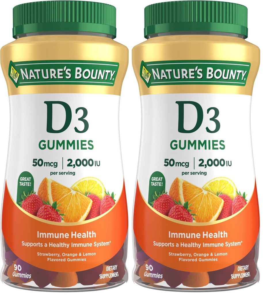 Nature's Bounty Vitamin D3 Gummies, Vitamin Supplement, Supports Immune Health, 50mcg, 2000IU, Mixed Fruit Flavor, 90 Gummies (Pack of 2)