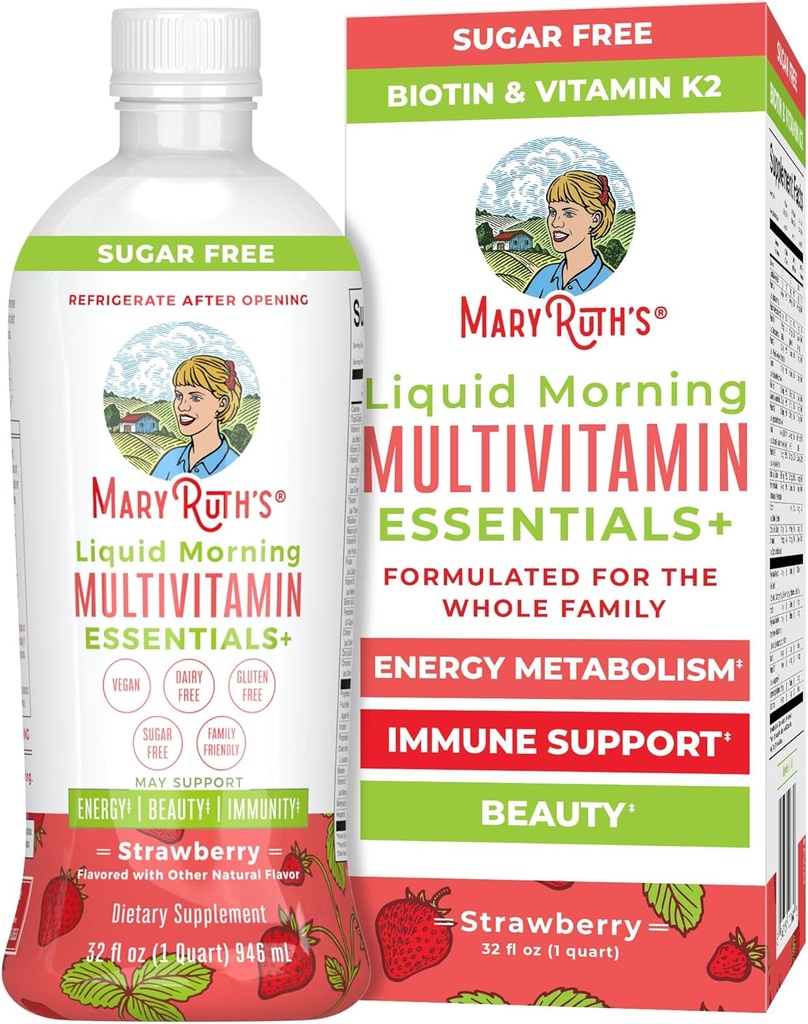 MaryRuth Organics Liquid Morning Multivitamin Essentials+ | Vitamin A C D E B6 B12 Biotin Zinc | Men's & Women's | Immune Support | Beauty | Sugar Free | Vitamins for Ages 1+ | Vegan | 32 Fl Oz