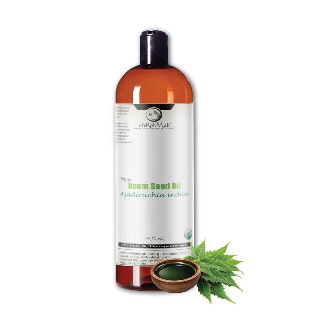 Pure Virgin Organic Neem Oil for Skin, Hair & Face - 100% Natural & Unrefined for Plants - Cold Pressed Neem Oil - Safe for Dog, Scalp & Hair Growth - 16 Fl Oz