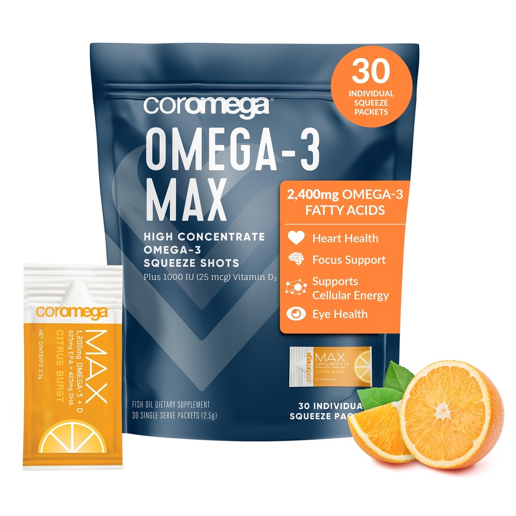 Coromega MAX 2400mg Ωμέγα-3 Fish Oil + Βιταμίνη D Squeeze Packets, Wild-Caught, No Fishy Taste - 3X Καλύτερη Απορρόφηση από Softgels, Υποστηρίζει την υγεία του εγκεφάλου και της καρδιάς (30 εξυπηρετούν, Citrus Burst)