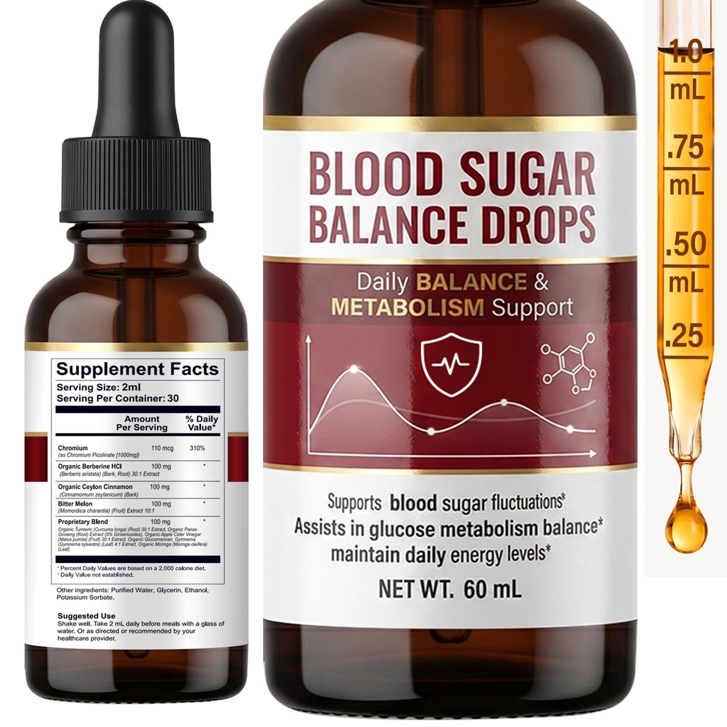 Blood Sugar Complex Supplement - 7-in-1 Formula Liquid Drops with Berberine and Ceylon Cinnamon - Supports Metabolic Health and Natural Energy - 60ml High Potency Herbal Blend - Non-GMO