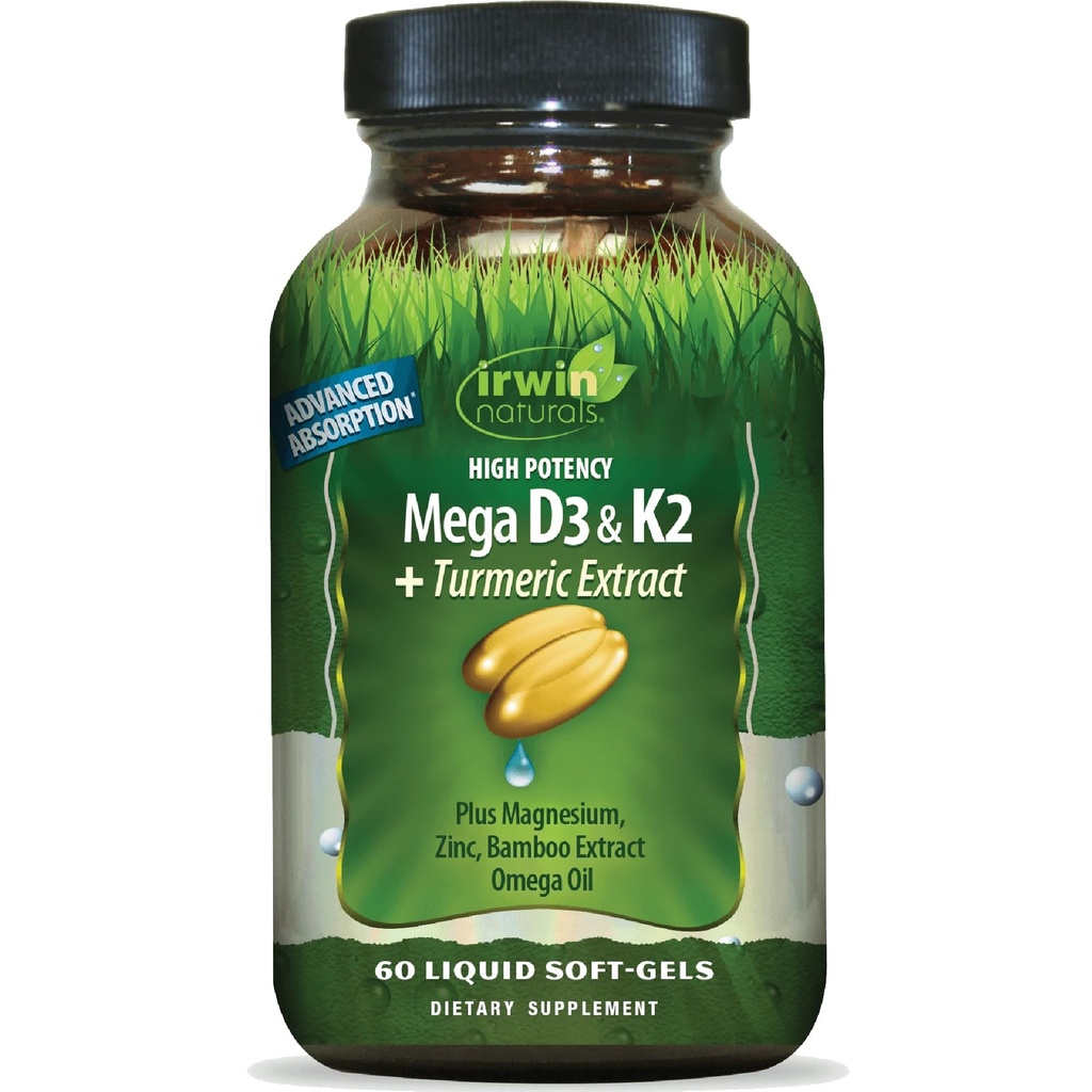 Irwin Naturals High Potency Mega D3 & K2 + εκχύλισμα κουρκουμά — 60 υγρά μαλακά γέλη