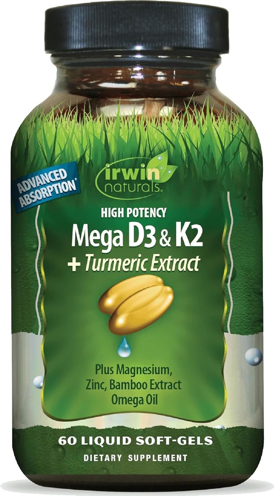Irwin Naturals High Potency Mega D3 & K2 + Turmeric Extract για υγιή οστά, ανοσοποιητική λειτουργία & θετική διάθεση - Προηγμένη απορρόφηση με μαγνήσιο, κουρκουμά, λάδι μπαμπού & ωμέγα - 60 υγρά Softgels