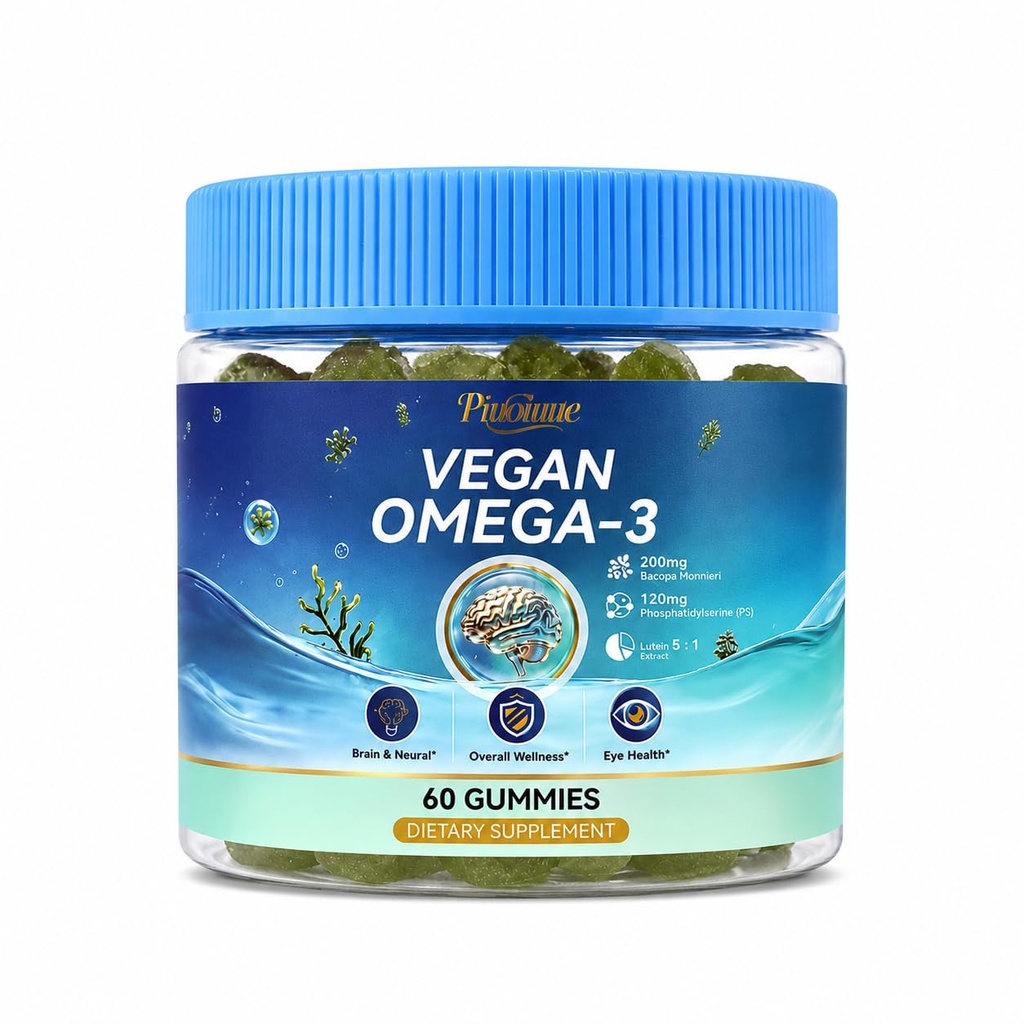 Vegan Omega-3 Gummies with Algae DHA & EPA, Supports Brain & Eye Health, with Lutein, Zeaxanthin, PS & Bacopa, No Fishy Taste, 60 Ct