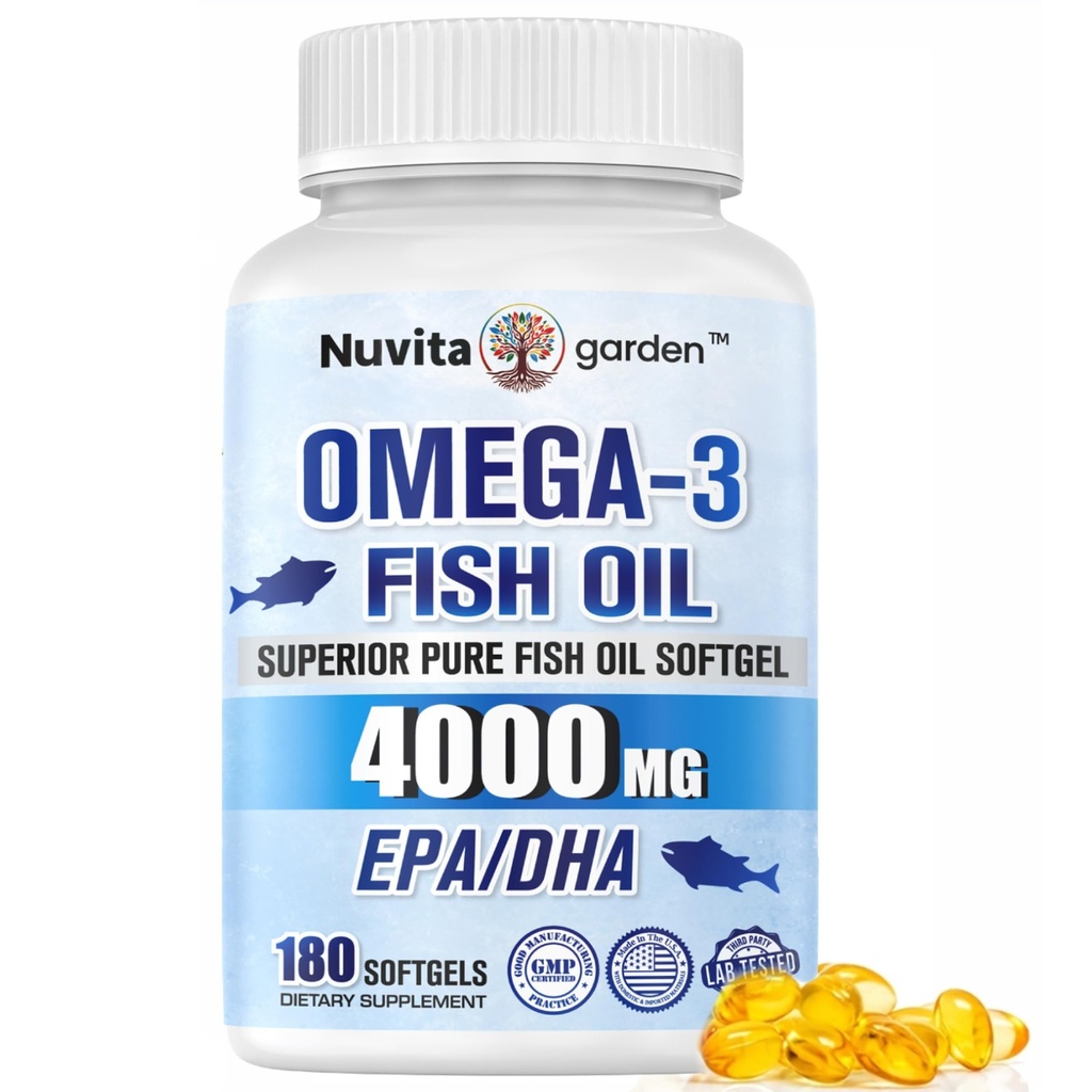 Omega 3 Fish Oil Supplement 4000mg, Triple Strength 1200mg Omega 3 Fatty Acids with EPA & DHA for Brain & Heart Health, 180 Softgels