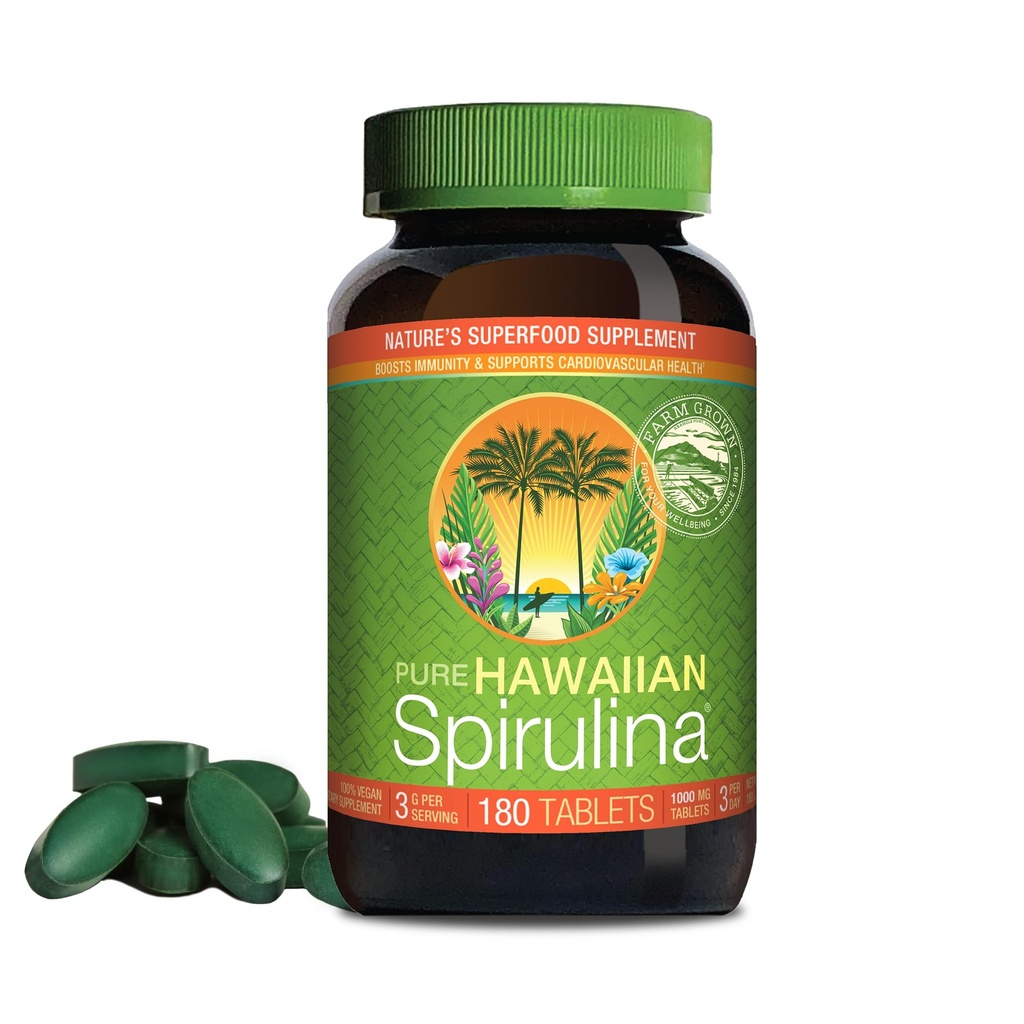 Nutrex Hawaii Pure Hawaiian Spirulina – Vegan Superfood, 1000 mg Tablets, Farm Grown in Kona, Non-GMO, Immune Support & Cellular Energy, 180 Count (Pack of 1)