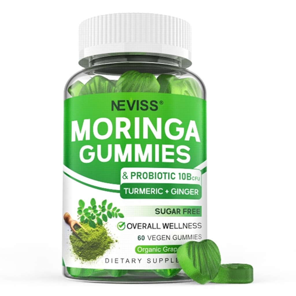 Moringa Gummies for Women Men, Sugar Free, Vegan, with 10 Billion CFU Probiotic Turmeric Ginger Ceylon Cinnamon, Chewable Organic Pure Moringa Leaf Supplement for Adults | Gut & Immune Support, 60Cts