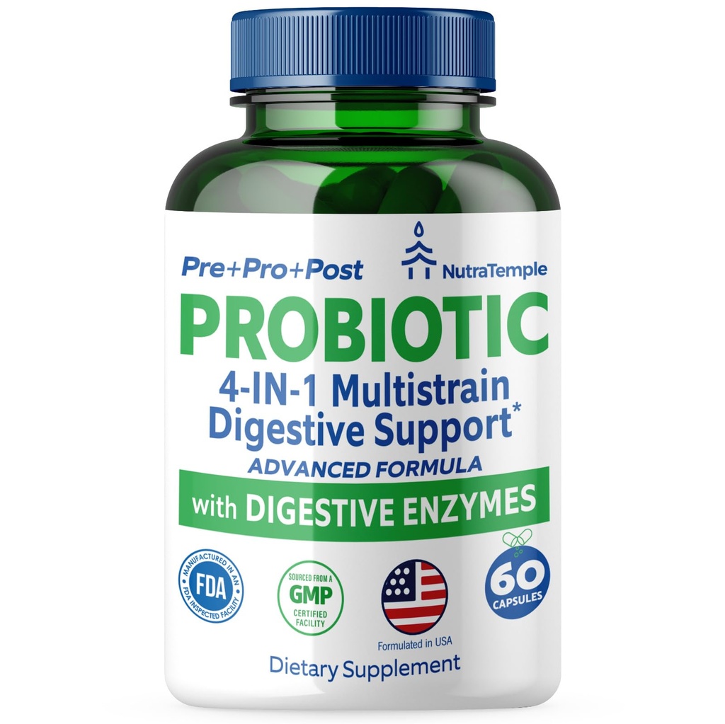 4 in 1 Pre Post Probiotics & Digestive Enzymes for Women & Men - Digestive Health, Gut & Immune Support for Occasional Constipation, Diarrhea, Gas & Bloating – 60 Veggie Capsules