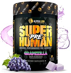 ALPHA LION Superhuman Preworkout Powder, Beta Alanine, L-Taurine & Tri-Πηγή Καφεΐνη για Παρατεταμένη Ενέργεια & Εστίαση, Νιτρικό Οξείδιο & Κιτρουλλίνη για Αντλία (21 Σερβίρει, Grapezilla)