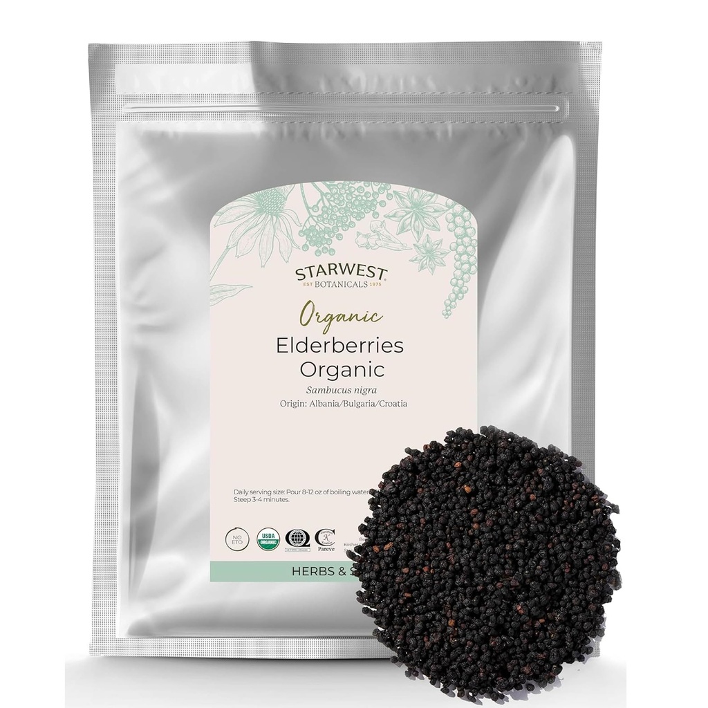Starwest Botanicals Organic Elderberries - Αποξηραμένα Καρπούζια για Σιρόπι, Τσάι, Gummies, & Jam, Φυσική Ανοσολογική Υποστήριξη, Πιστοποιημένο Kosher, Μη ΓΤΟ - Bulk 1 LB Bag