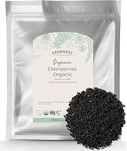 Starwest Botanicals Organic Elderberries - Αποξηραμένα Καρπούζια για Σιρόπι, Τσάι, Gummies, & Jam, Φυσική Ανοσολογική Υποστήριξη, Πιστοποιημένο Kosher, Μη ΓΤΟ - Bulk 1 LB Bag