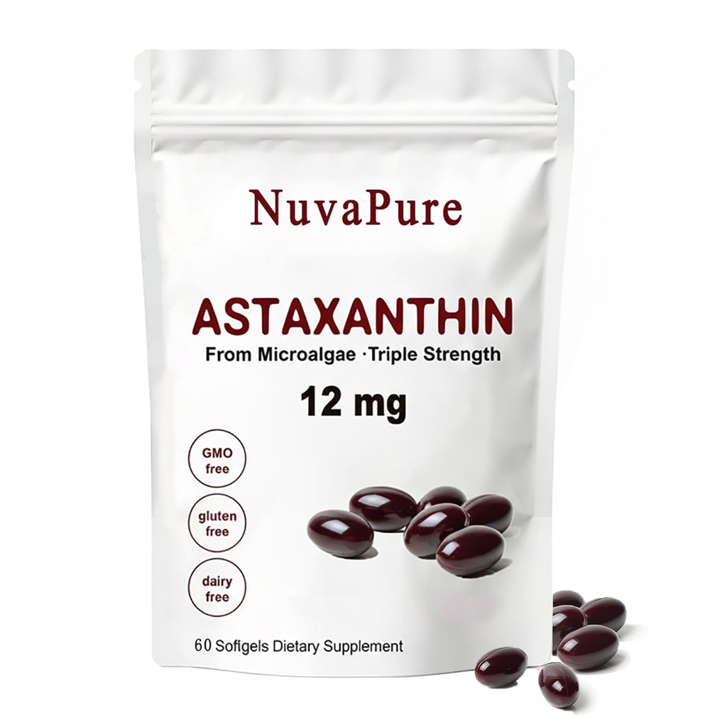 Nuvapure Astaxanthin with Mct Oil - Pure 12mg, Antioxidants Supplement, Supports for Eye &Joint & Skin Health| 2 Month Supply| 60 Softgels (1)