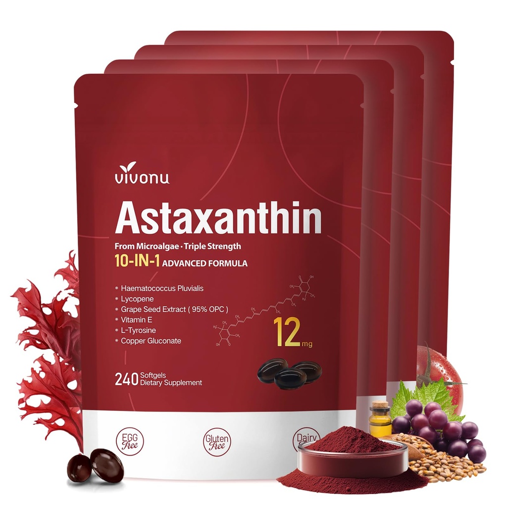 10 in 1 Astaxanthin Supplements 12mg, 16 Month Supply, Astaxantina Antioxidant from Fresh Haematococcus Pluvialis, Contains Lycopene, Grape Seed, Vitamin E, More Supports Eye, Joints, Skin Health 4Bag