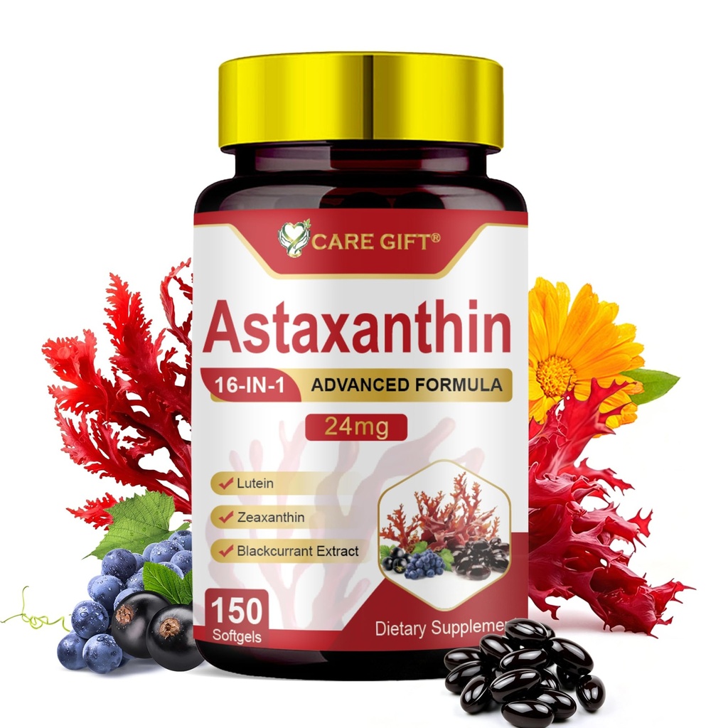 Astaxanthin Supplements 24mg 150 Softgels | 16 in 1 Formula Premium Astaxanthin Antioxidant Supplement Supports Eye Skin Joint Brain Heart Immune System Health, Fresh Microalgae Source 75 Days Supply