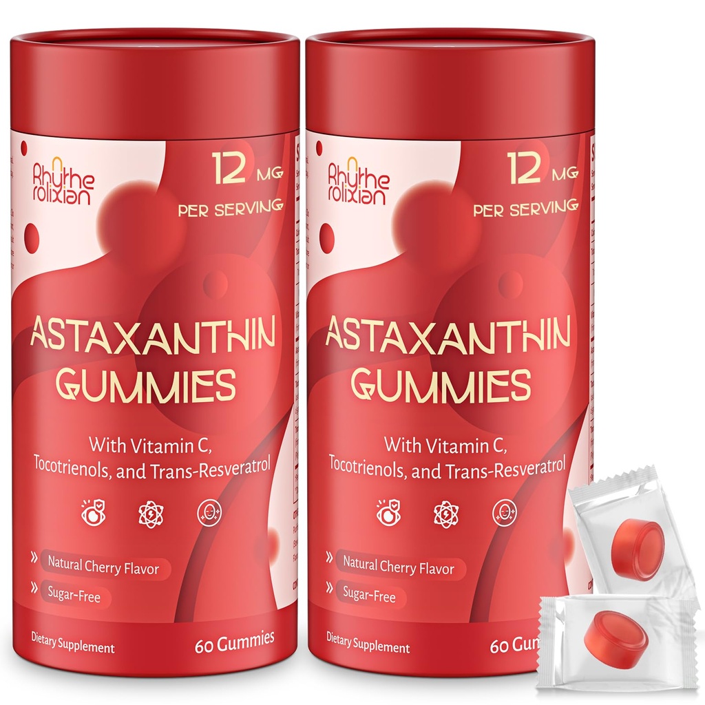 Astaxanthin Gummies – Astaxanthin Supplements with 12mg Per Gummy 24mg Max, Sugar Free Vegan Antioxidant with Vitamin C, Resveratrol & Tocotrienols – Supports Skin, Eye & Immune Health – 120 Count