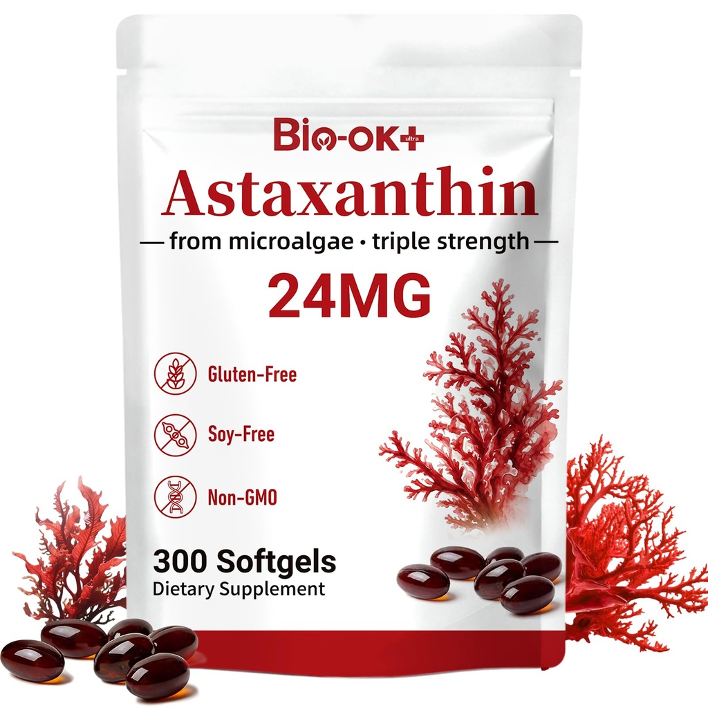 Astaxanthin 24mg 300 Softgels, Astaxanthin Supplements Made with OCT Oil, Supports Eye, Skin, Immune, Internal Circulation, Fresh Microalgae Source, Triple Strength