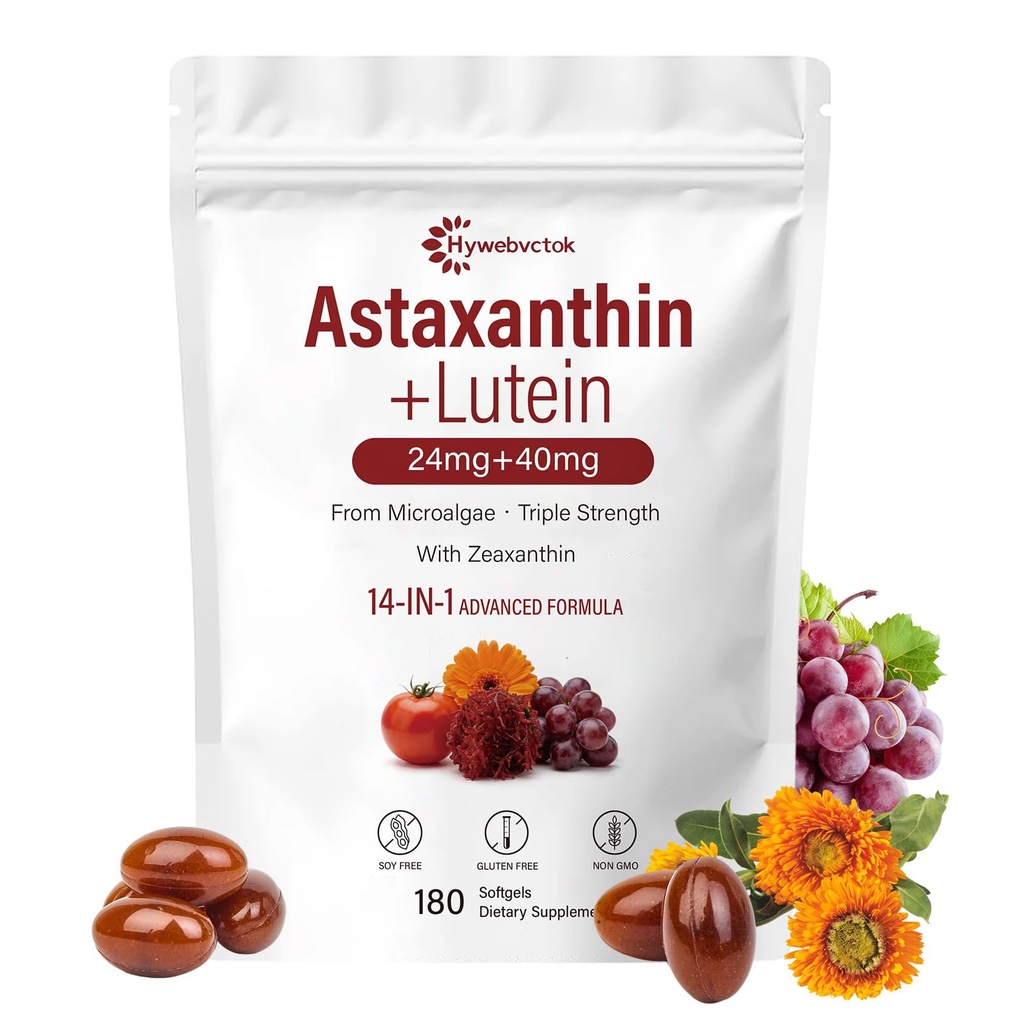 14-in-1 Astaxanthin 24mg & Lutein 40mg with Zeaxanthin,Fresh Microalgae Source, Natural Astaxanthin Antioxidant Supplements for Eye, Skin Health, Non-GMO,180 Softgels, 6 Month Supply